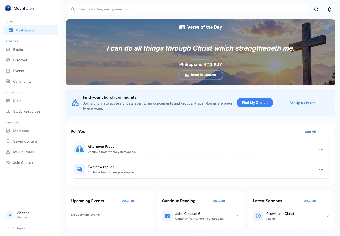 Mount Zion desktop dashboard with a daily verse and personal activity