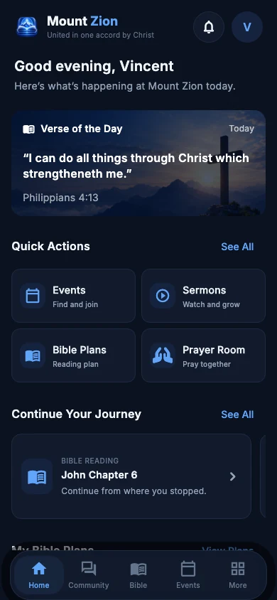 Bible reading and active plans on the mobile Home screen in dark mode