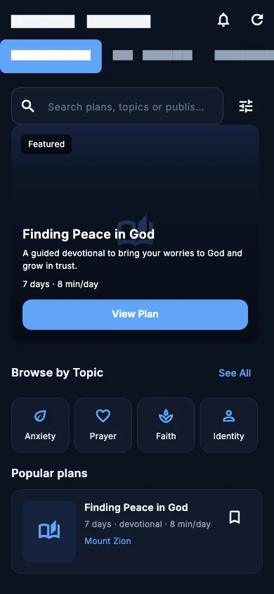 The Bible Plans Discover interface in dark mode