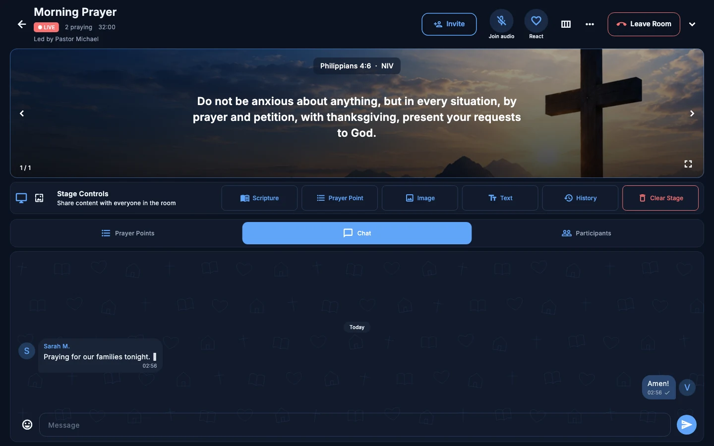 Prayer Room shared stage and chat in dark mode