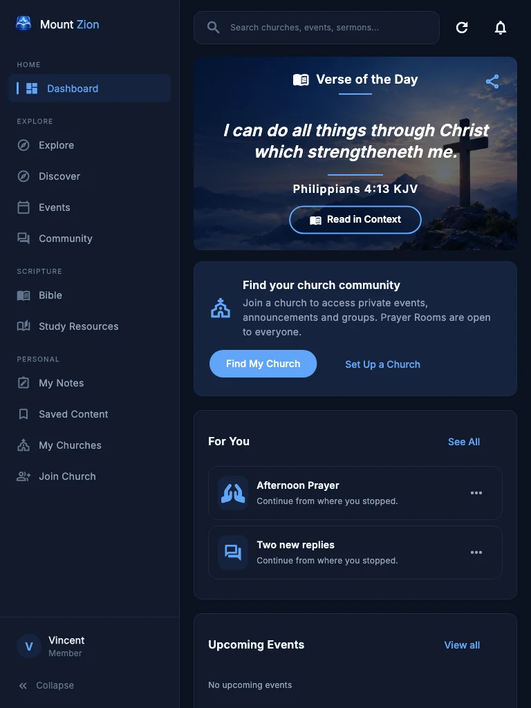 Mount Zion dashboard at tablet width in dark mode